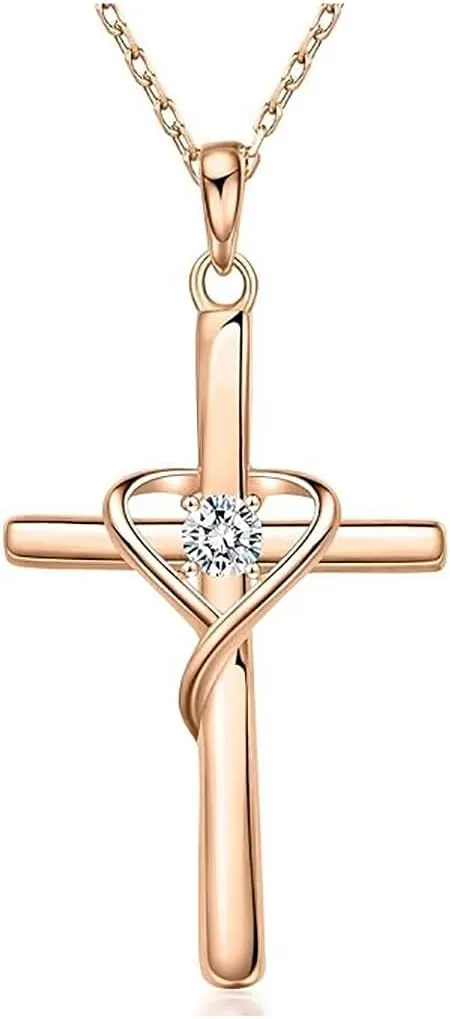Sterling Silver 925 Cross Necklace for Men Women 5A CZ Birthstone Necklaces 14K Gold Plated or Rose Gold Necklace for Easter