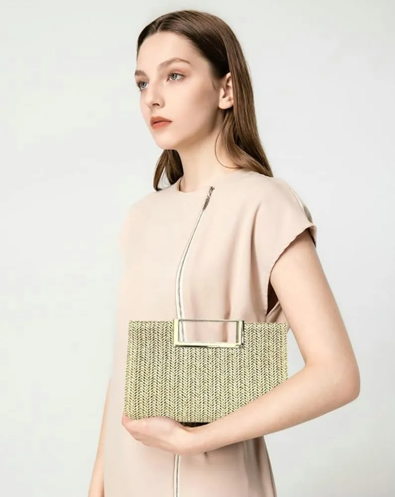 Straw Clutch Purses Women Summer Straw Beach Bag Cute Envelope Evening Clutch Handbags for Formal Party Wedding
