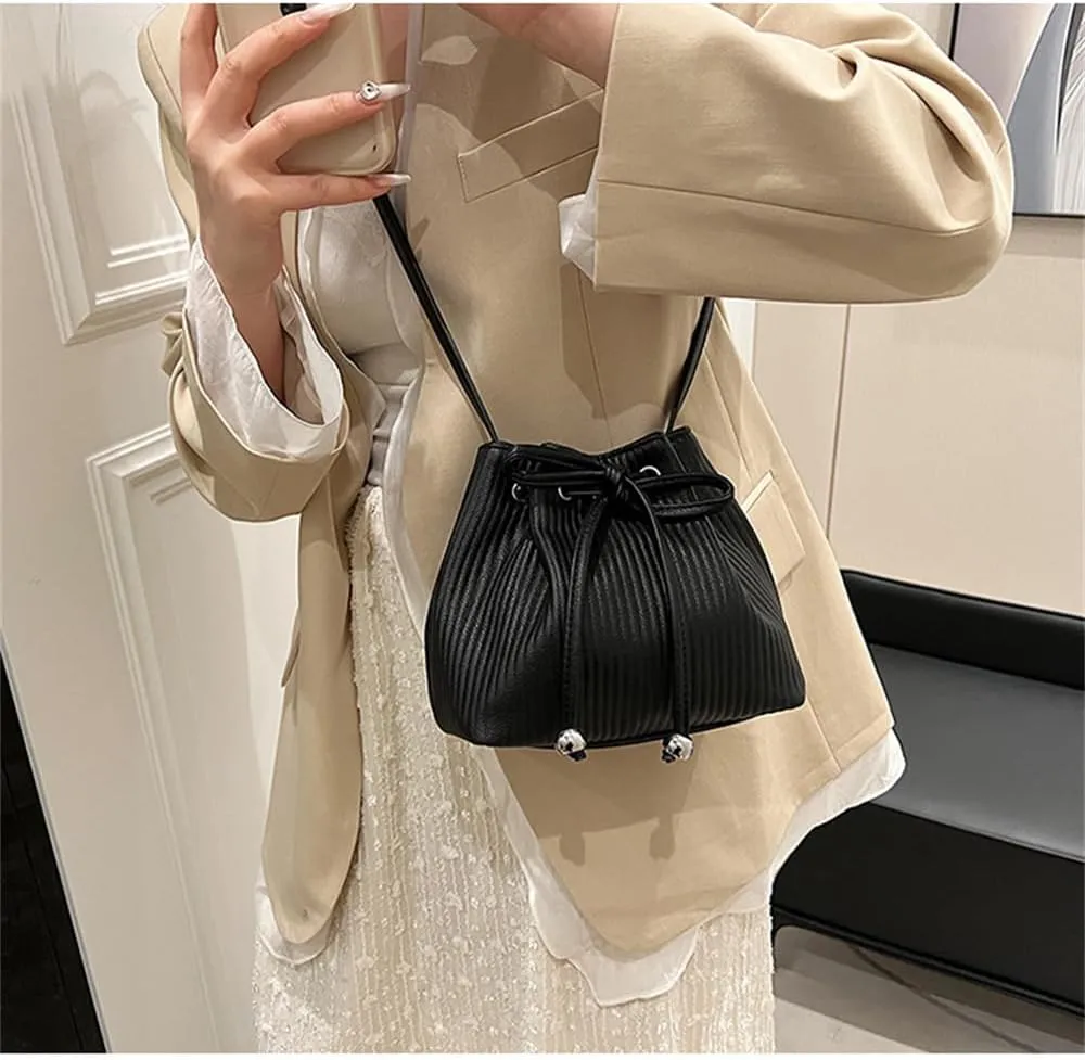 Stripe Drawstring Bucket Bag Small Leather Crossbody Hobo Bucket Satchel Bag Casual Lightweight Drawstring Daypack Purse