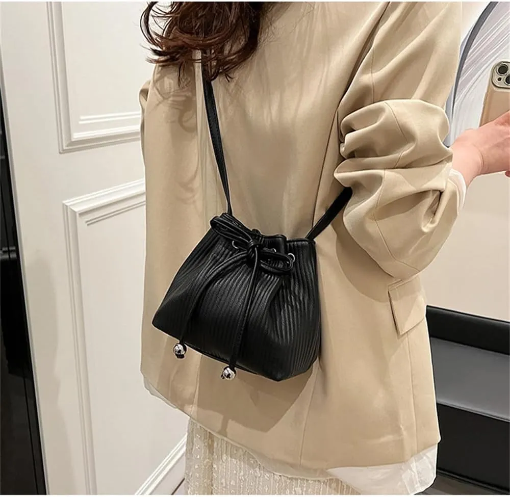 Stripe Drawstring Bucket Bag Small Leather Crossbody Hobo Bucket Satchel Bag Casual Lightweight Drawstring Daypack Purse