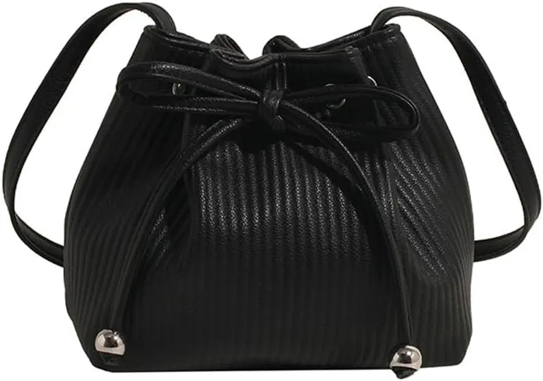 Stripe Drawstring Bucket Bag Small Leather Crossbody Hobo Bucket Satchel Bag Casual Lightweight Drawstring Daypack Purse
