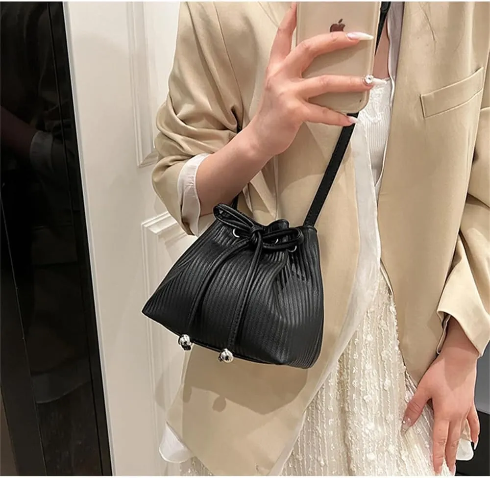 Stripe Drawstring Bucket Bag Small Leather Crossbody Hobo Bucket Satchel Bag Casual Lightweight Drawstring Daypack Purse