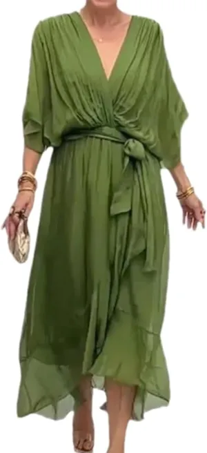 Stylish and Elegant V-Neck Maxi Dress, Evening Party Maxi Dress for Summer, Women Summer V-Neck High Waist Chiffon Skirt