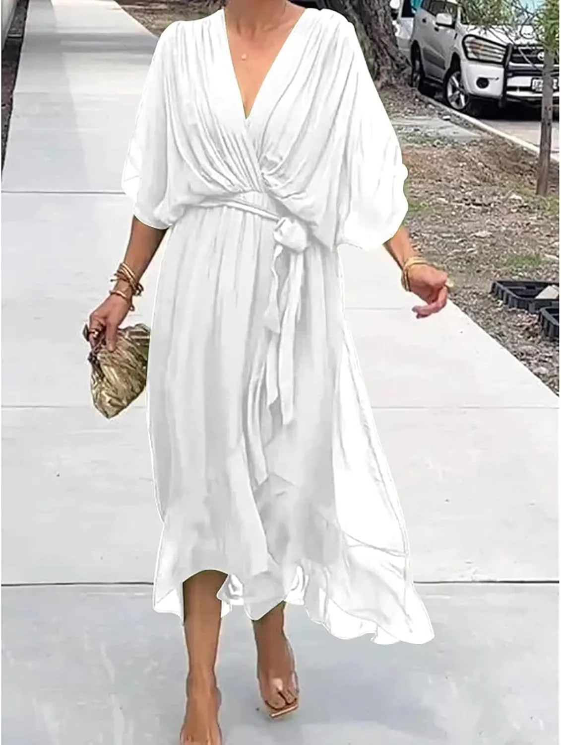 Stylish and Elegant V-Neck Maxi Dress, Evening Party Maxi Dress for Summer, Women Summer V-Neck High Waist Chiffon Skirt
