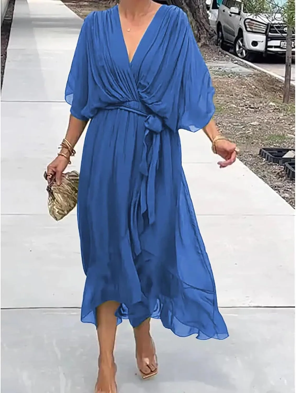 Stylish and Elegant V-Neck Maxi Dress, Evening Party Maxi Dress for Summer, Women Summer V-Neck High Waist Chiffon Skirt