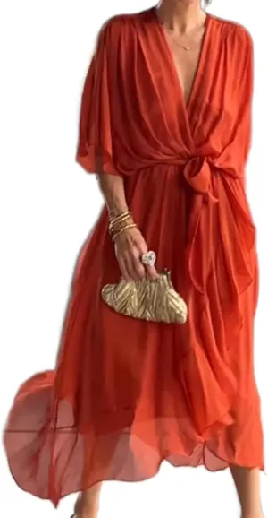 Stylish and Elegant V-Neck Maxi Dress, Evening Party Maxi Dress for Summer, Women Summer V-Neck High Waist Chiffon Skirt