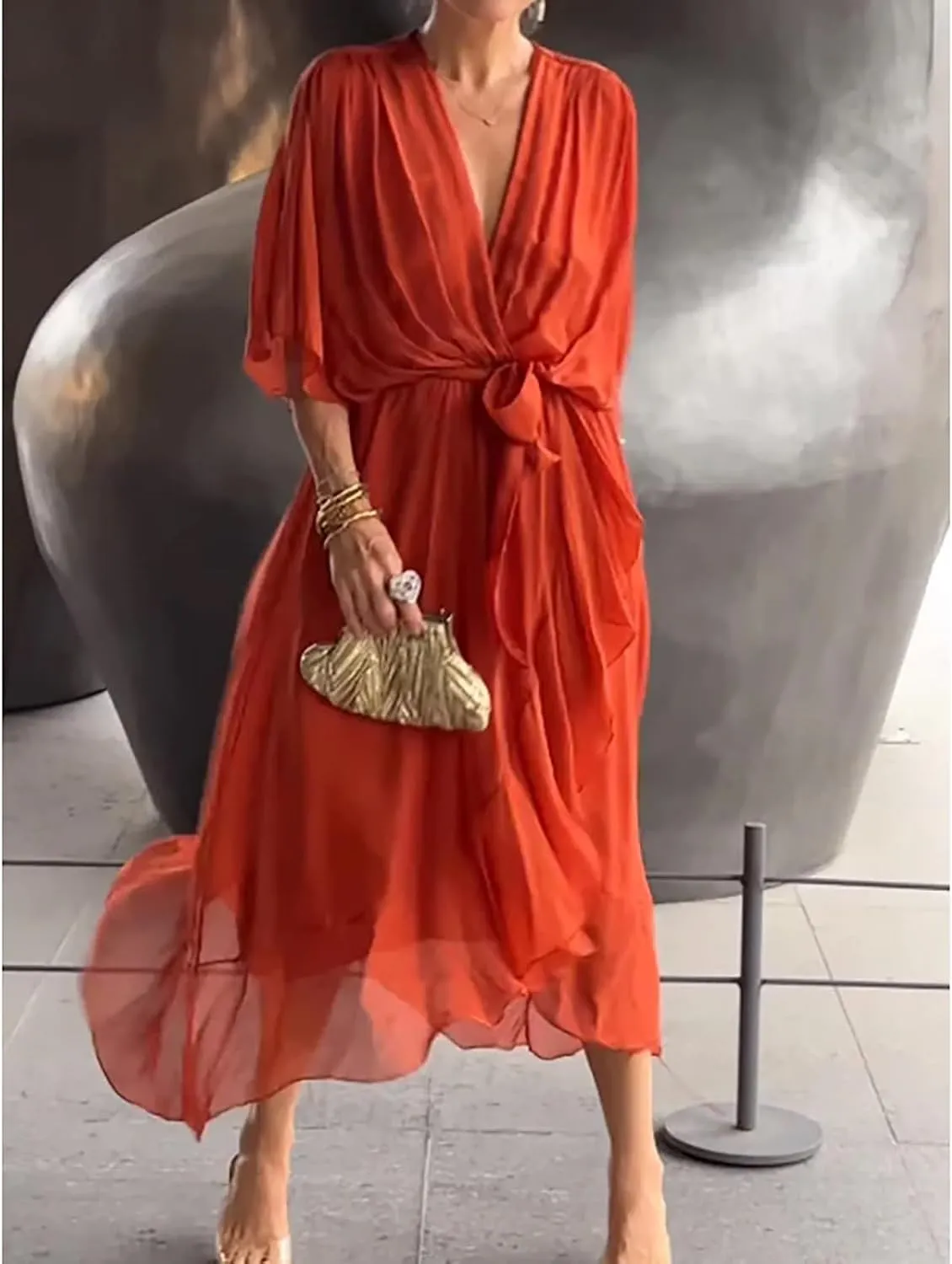 Stylish and Elegant V-Neck Maxi Dress, Evening Party Maxi Dress for Summer, Women Summer V-Neck High Waist Chiffon Skirt