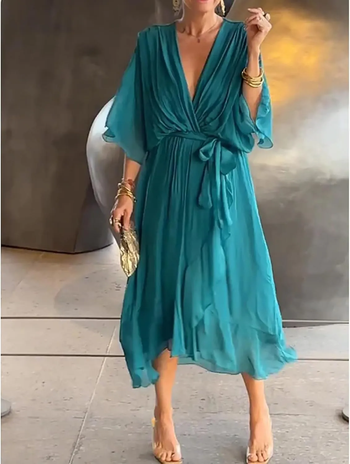 Stylish and Elegant V-Neck Maxi Dress, Evening Party Maxi Dress for Summer, Women Summer V-Neck High Waist Chiffon Skirt