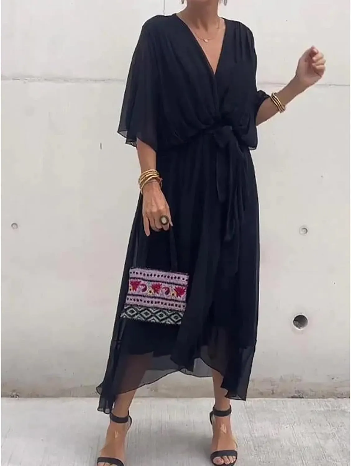 Stylish and Elegant V-Neck Maxi Dress, Evening Party Maxi Dress for Summer, Women Summer V-Neck High Waist Chiffon Skirt