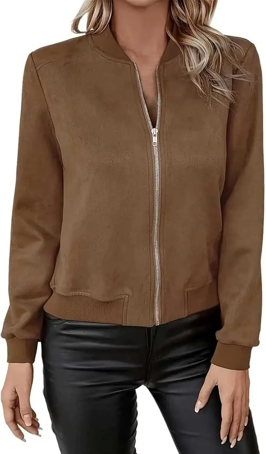 Suede Jacket Women Cropped Zip Up Bomber Jackets Dressy Casual Fall Coat Long Sleeve Biker Moto Jacket Outerwear