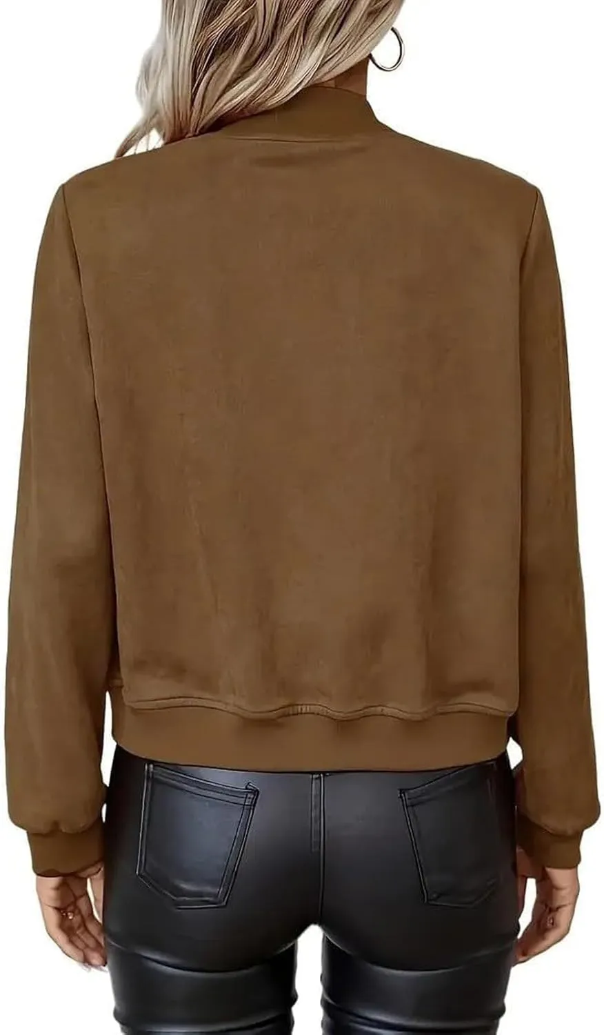 Suede Jacket Women Cropped Zip Up Bomber Jackets Dressy Casual Fall Coat Long Sleeve Biker Moto Jacket Outerwear