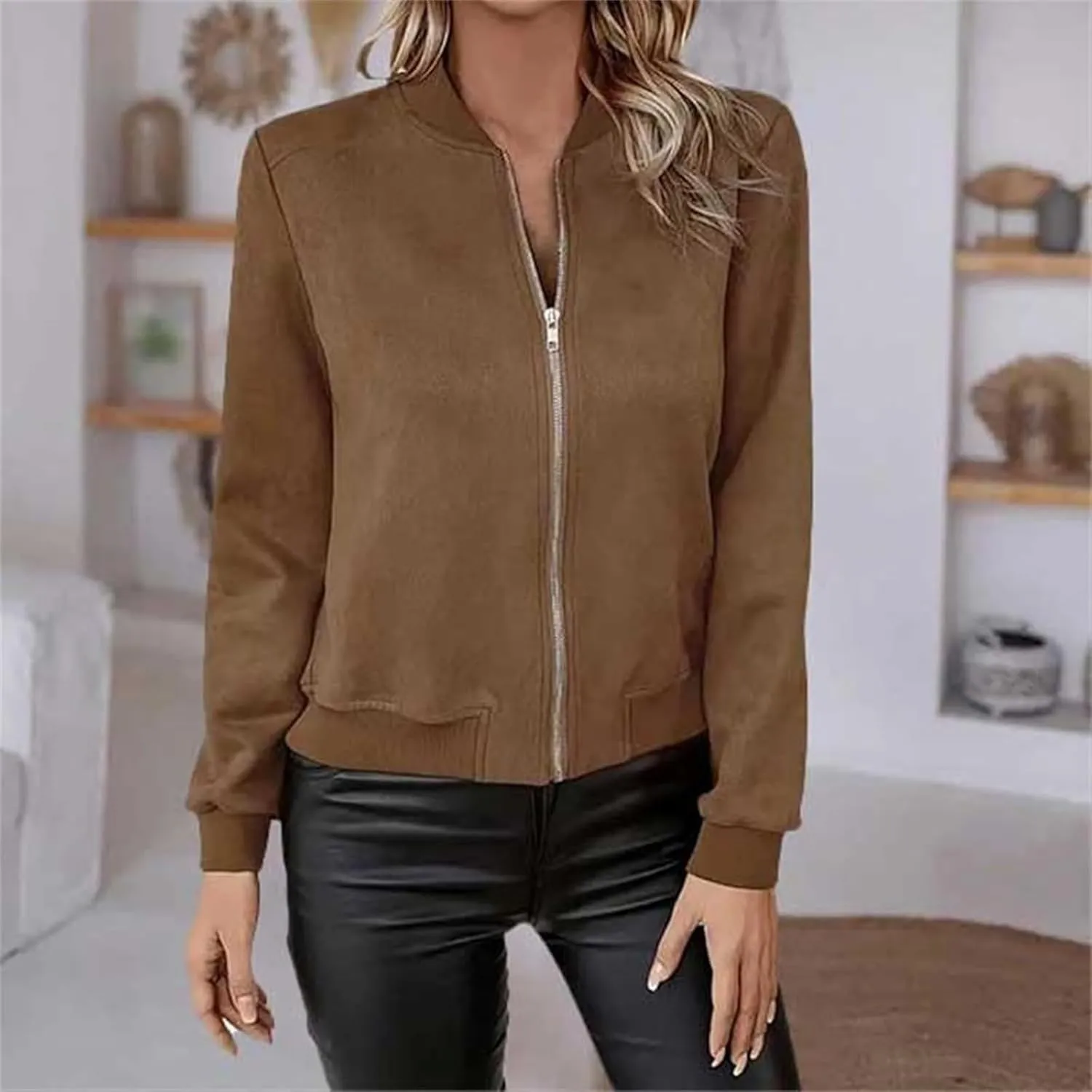 Suede Jacket Women Cropped Zip Up Bomber Jackets Dressy Casual Fall Coat Long Sleeve Biker Moto Jacket Outerwear