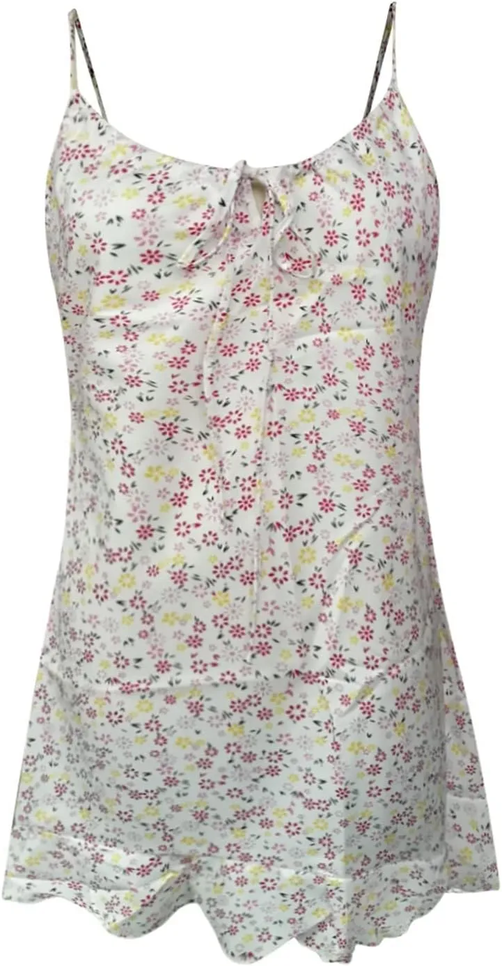 Summer Dresses for Women 2024 Sexy Camisole Sleveless Floral Print Ruched Ruffle Hem Stretch Soft Comfortable Dress