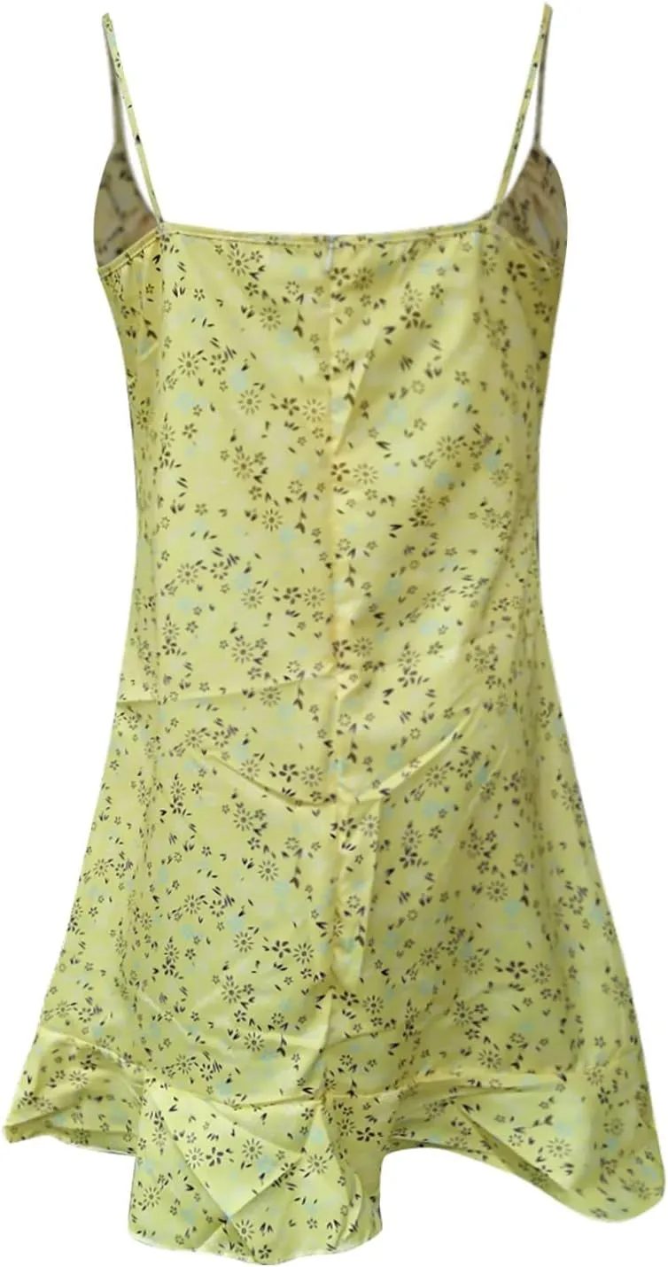 Summer Dresses for Women 2024 Sexy Camisole Sleveless Floral Print Ruched Ruffle Hem Stretch Soft Comfortable Dress