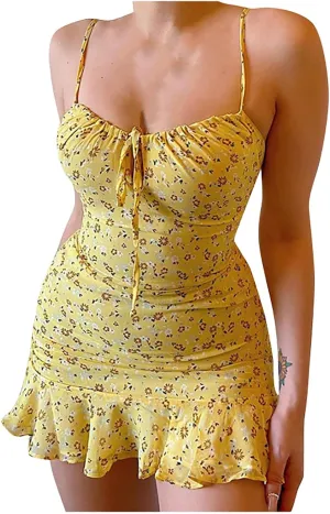 Summer Dresses for Women 2024 Sexy Camisole Sleveless Floral Print Ruched Ruffle Hem Stretch Soft Comfortable Dress