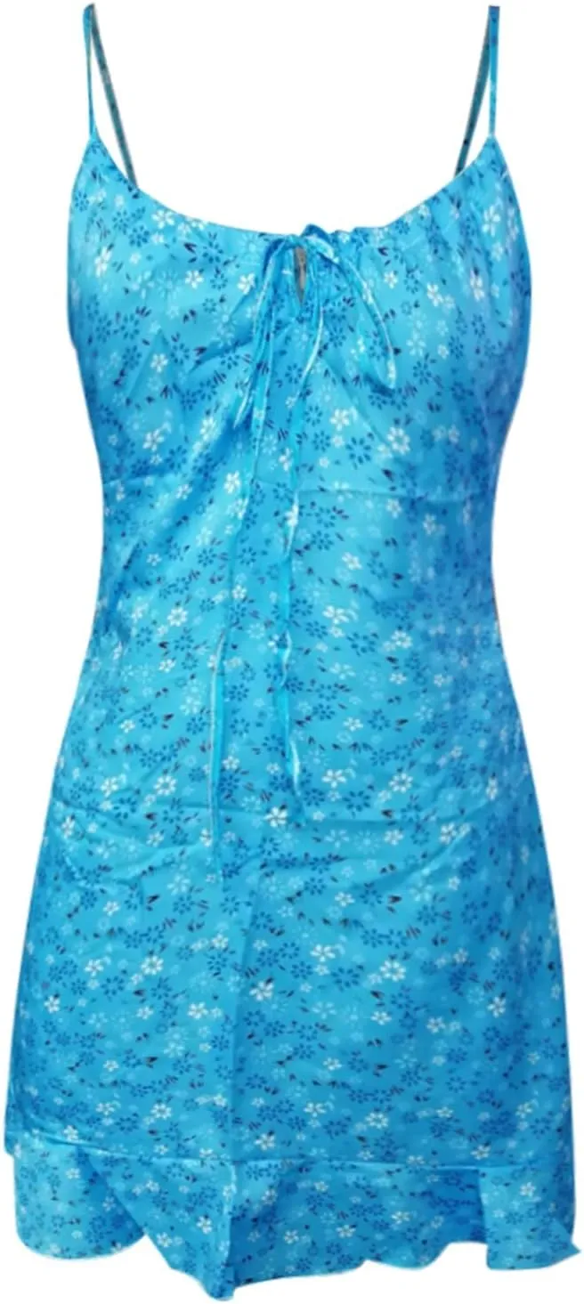 Summer Dresses for Women 2024 Sexy Camisole Sleveless Floral Print Ruched Ruffle Hem Stretch Soft Comfortable Dress