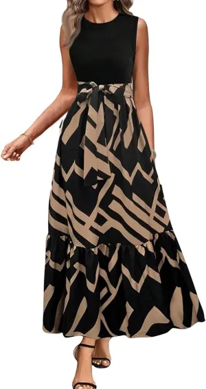 Summer Dresses for Women 2025 Elegant Classy Floral Boho Long Maxi Dress Empire Waist Flowy Swing Sundress with Belt