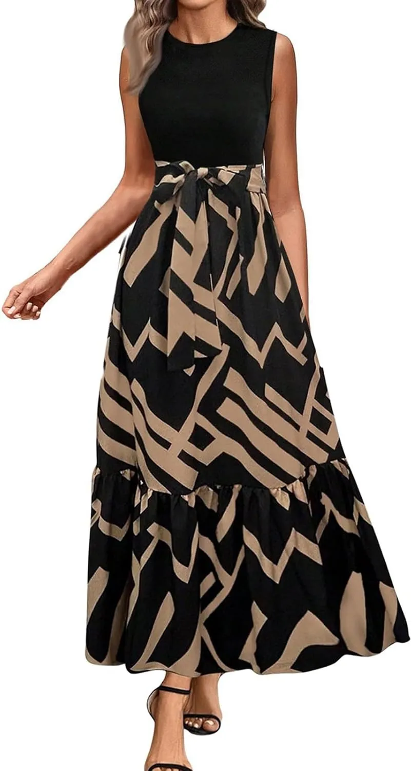 Summer Dresses for Women 2025 Elegant Classy Floral Boho Long Maxi Dress Empire Waist Flowy Swing Sundress with Belt