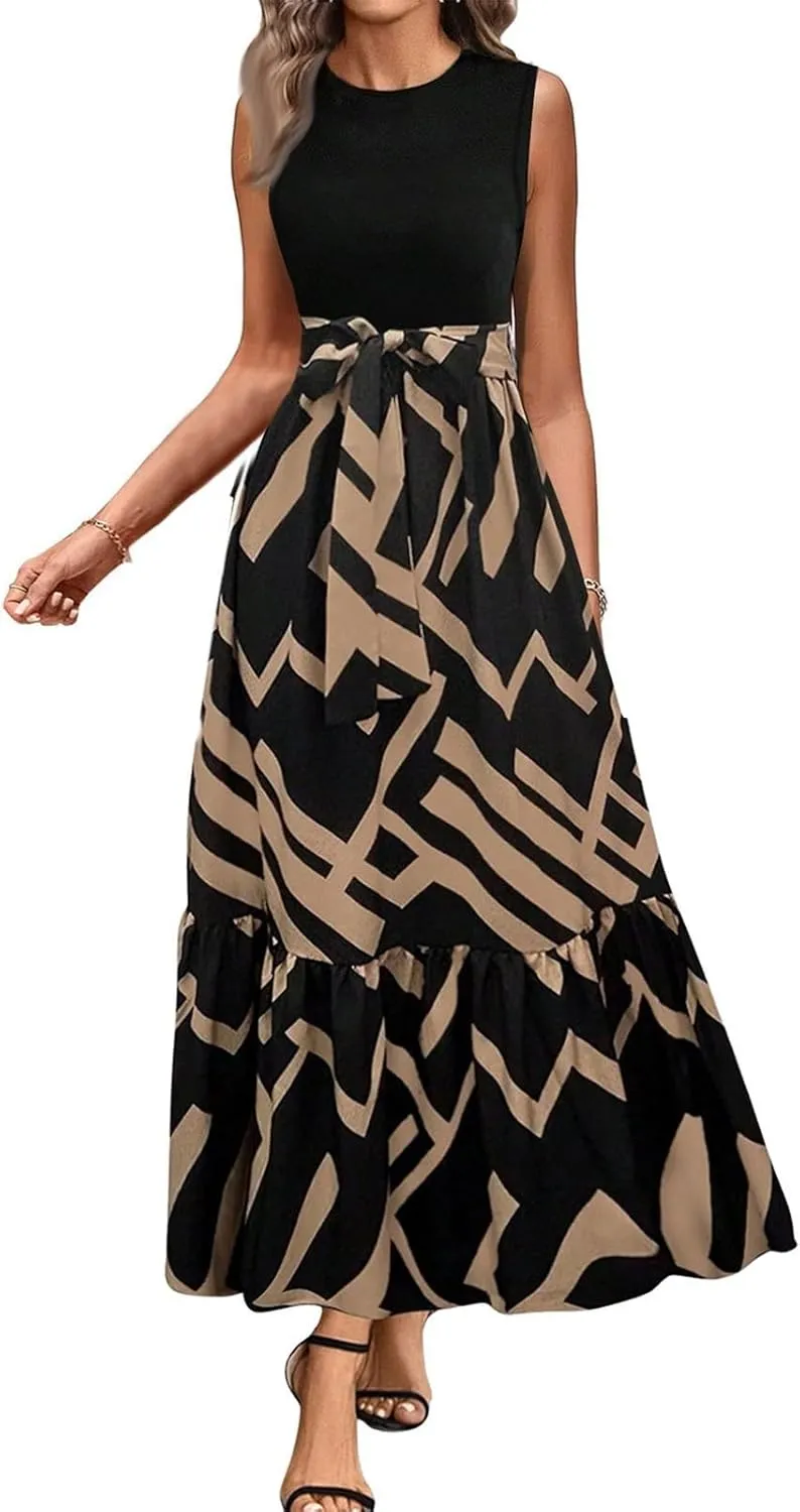 Summer Dresses for Women 2025 Elegant Classy Floral Boho Long Maxi Dress Empire Waist Flowy Swing Sundress with Belt