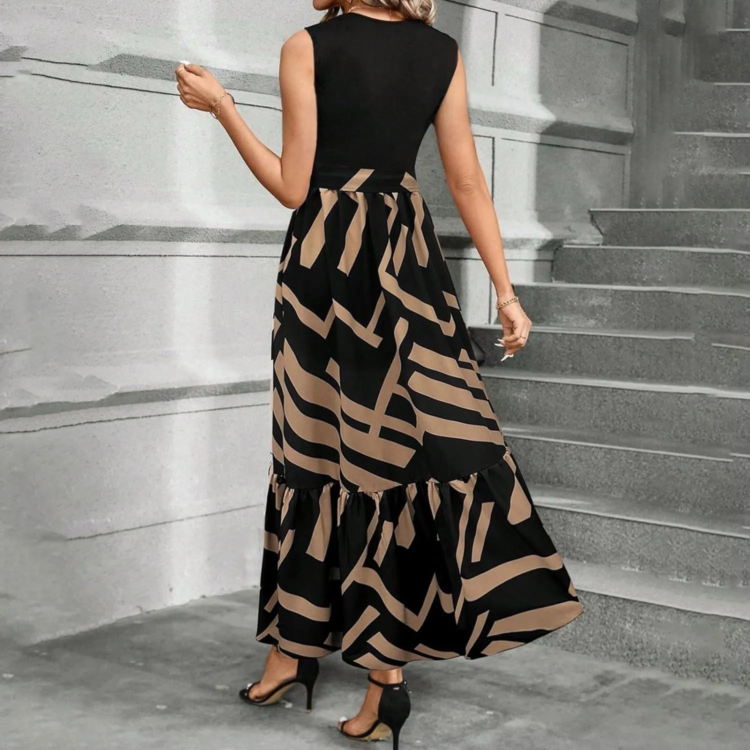 Summer Dresses for Women 2025 Elegant Classy Floral Boho Long Maxi Dress Empire Waist Flowy Swing Sundress with Belt