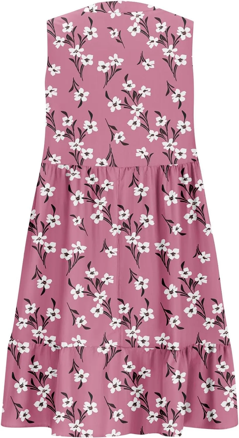 Summer Dresses for Women 2025 Sleeveless V Neck Mini Dress Flowy Boho Floral Ruffle A Line Swing Beach Sundress