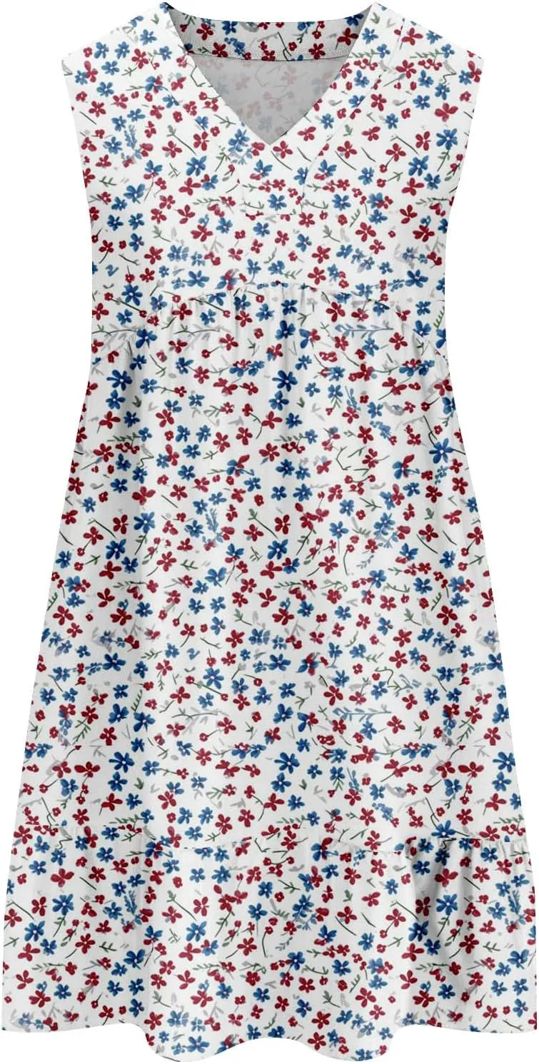 Summer Dresses for Women 2025 Sleeveless V Neck Mini Dress Flowy Boho Floral Ruffle A Line Swing Beach Sundress