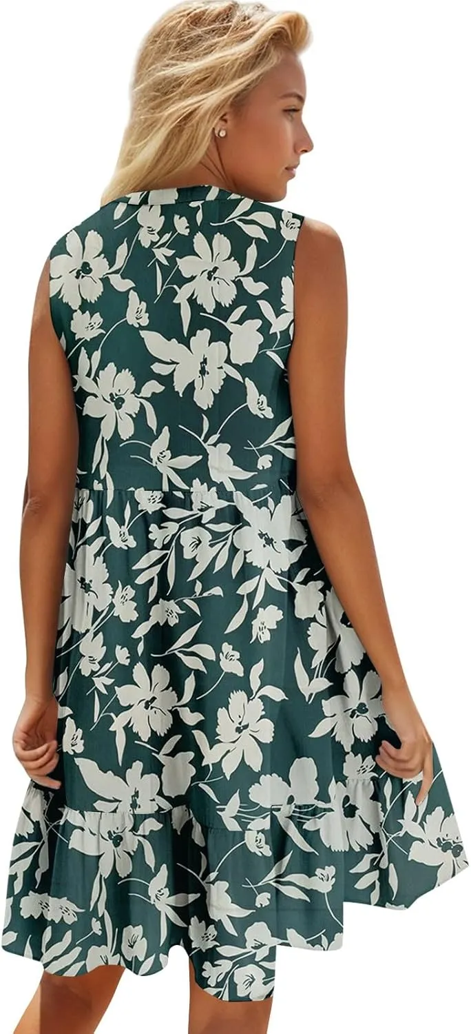 Summer Dresses for Women 2025 Sleeveless V Neck Mini Dress Flowy Boho Floral Ruffle A Line Swing Beach Sundress