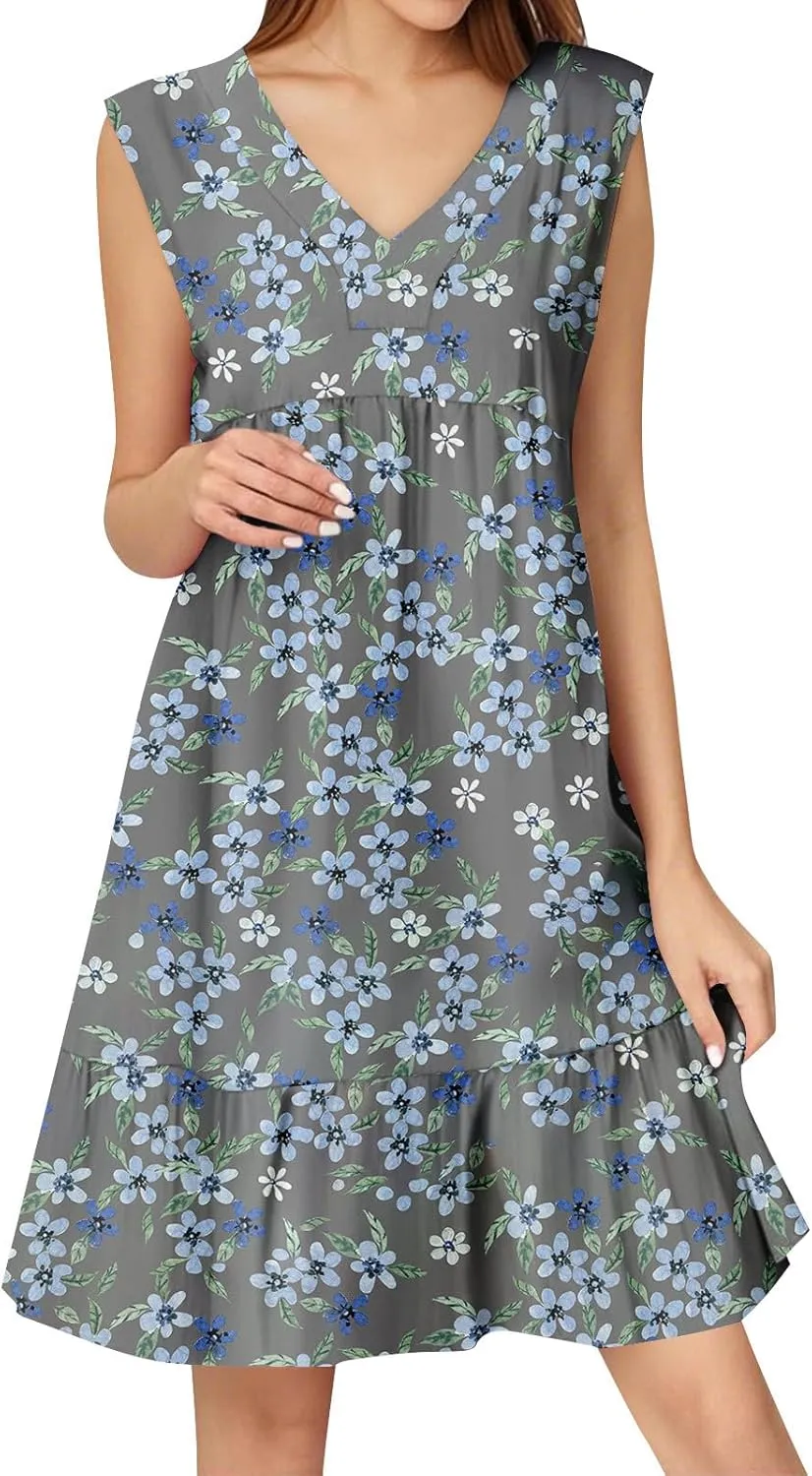 Summer Dresses for Women 2025 Sleeveless V Neck Mini Dress Flowy Boho Floral Ruffle A Line Swing Beach Sundress