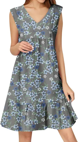 Summer Dresses for Women 2025 Sleeveless V Neck Mini Dress Flowy Boho Floral Ruffle A Line Swing Beach Sundress