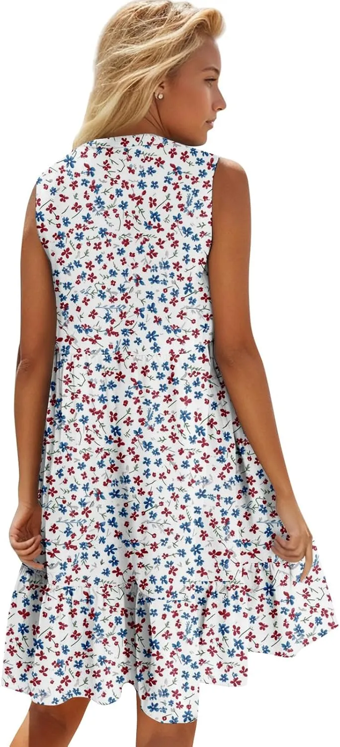 Summer Dresses for Women 2025 Sleeveless V Neck Mini Dress Flowy Boho Floral Ruffle A Line Swing Beach Sundress