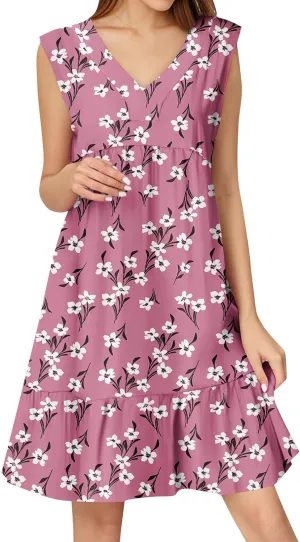 Summer Dresses for Women 2025 Sleeveless V Neck Mini Dress Flowy Boho Floral Ruffle A Line Swing Beach Sundress