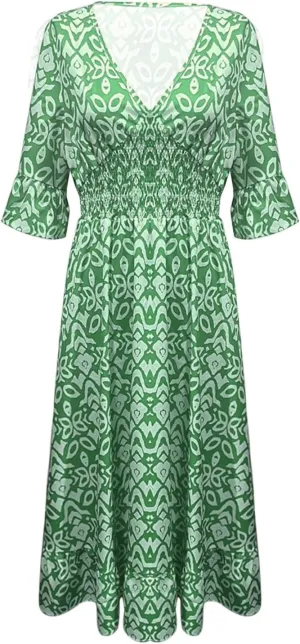 Summer Dresses for Women Boho Floral Print Dress 2025 Casual V Neck Bohemian Wrap 3/4 Sleeve High Waist Midi Dress