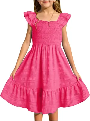Summer Girl's Dresses Solid Square Neck Sleeveless Mini Dress Ruffle Waisted Fashion Loose Dress for Kids 3-13 Years