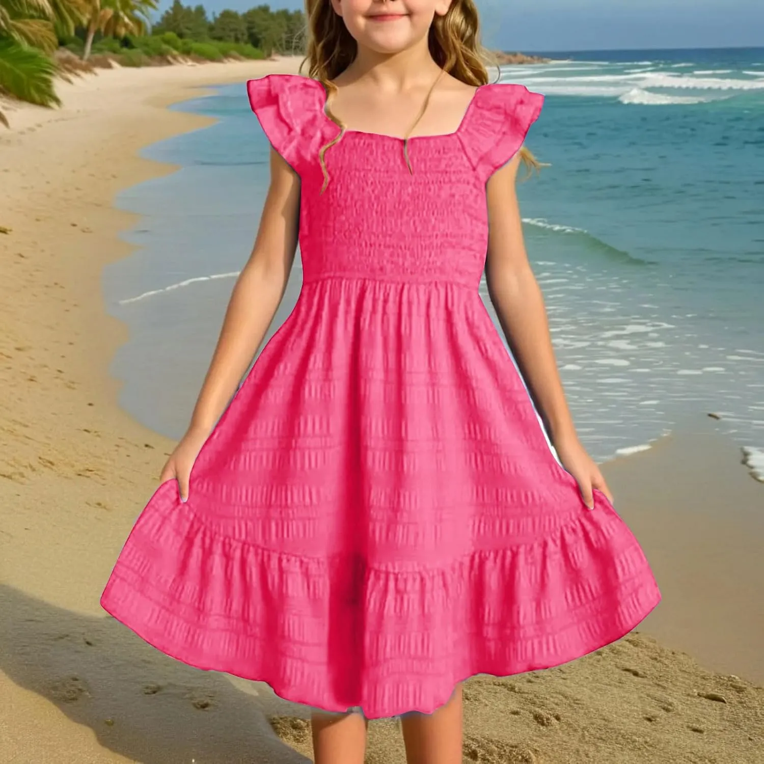 Summer Girl's Dresses Solid Square Neck Sleeveless Mini Dress Ruffle Waisted Fashion Loose Dress for Kids 3-13 Years