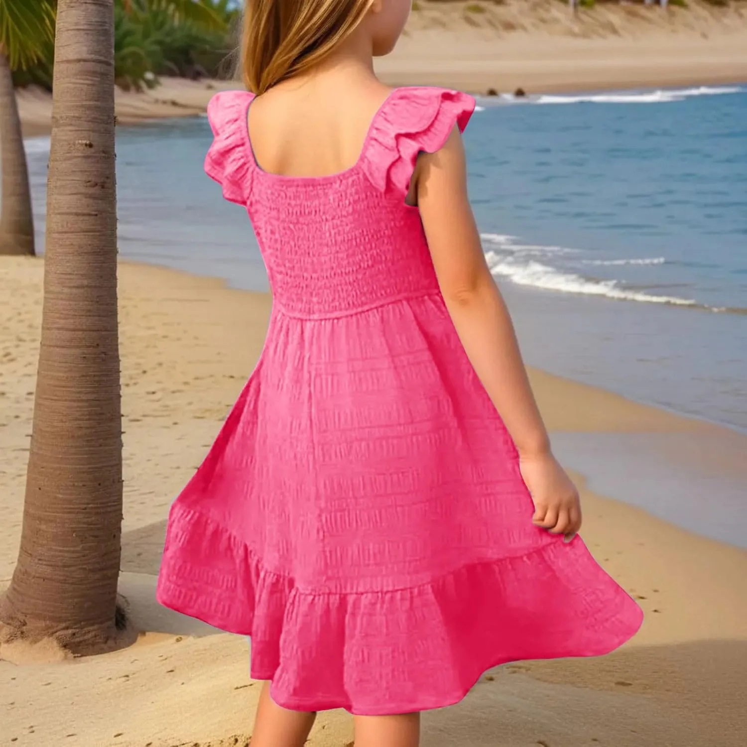Summer Girl's Dresses Solid Square Neck Sleeveless Mini Dress Ruffle Waisted Fashion Loose Dress for Kids 3-13 Years