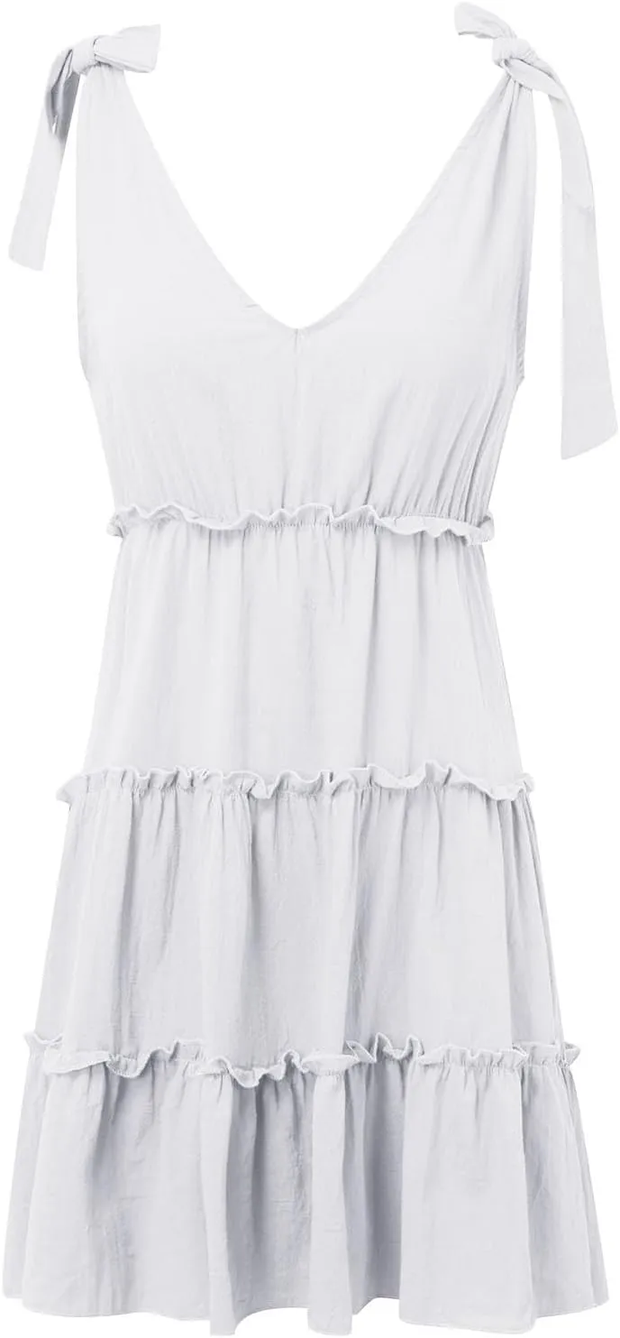Summer Mini Dresses For Women 2025 Tie Shoulder Sleeveless Loose Fit Sundress Tiered Ruffle Flowy Knee Length Dress