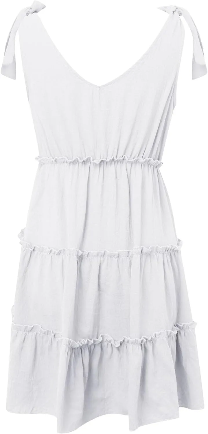 Summer Mini Dresses For Women 2025 Tie Shoulder Sleeveless Loose Fit Sundress Tiered Ruffle Flowy Knee Length Dress