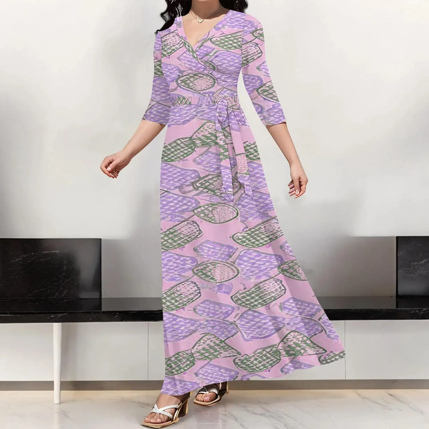 Summer Trendy Wrap Dresses for Women Sexy Bodycon 3/4 Sleeves Flowy A-Line Boho Beach Tie Dye Plus Size Maxi Dress with Belt