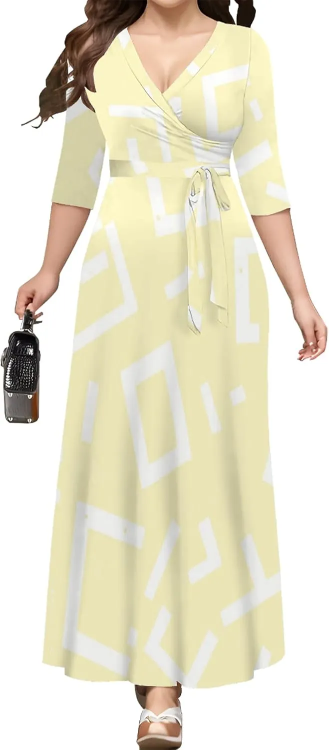 Summer Trendy Wrap Dresses for Women Sexy Bodycon 3/4 Sleeves Flowy A-Line Boho Beach Tie Dye Plus Size Maxi Dress with Belt