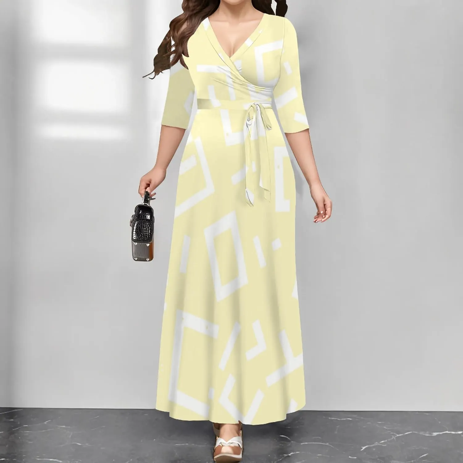 Summer Trendy Wrap Dresses for Women Sexy Bodycon 3/4 Sleeves Flowy A-Line Boho Beach Tie Dye Plus Size Maxi Dress with Belt