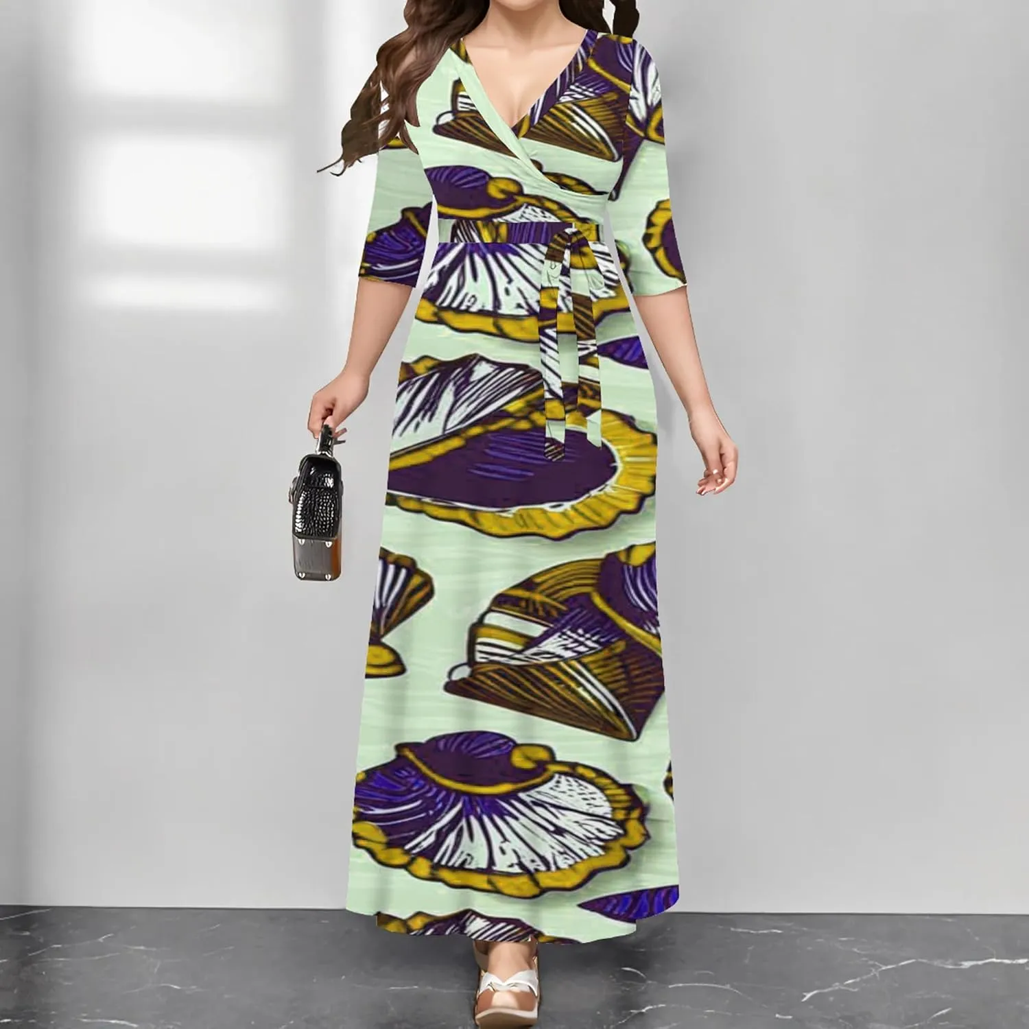 Summer Trendy Wrap Dresses for Women Sexy Bodycon 3/4 Sleeves Flowy A-Line Boho Beach Tie Dye Plus Size Maxi Dress with Belt