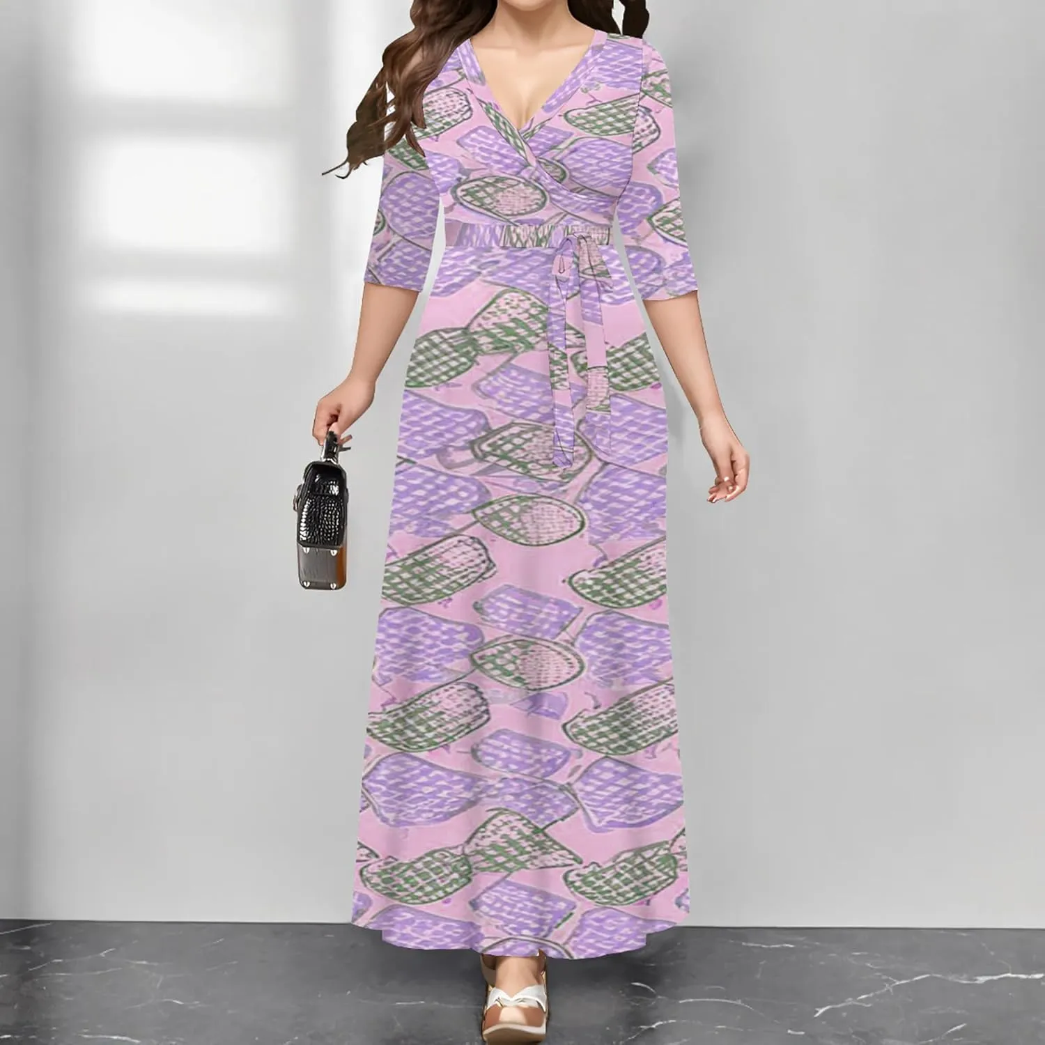 Summer Trendy Wrap Dresses for Women Sexy Bodycon 3/4 Sleeves Flowy A-Line Boho Beach Tie Dye Plus Size Maxi Dress with Belt