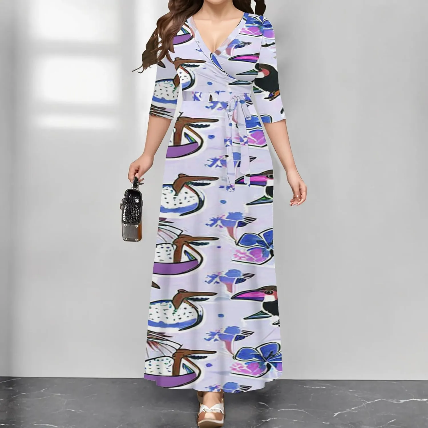 Summer Trendy Wrap Dresses for Women Sexy Bodycon 3/4 Sleeves Flowy A-Line Boho Beach Tie Dye Plus Size Maxi Dress with Belt