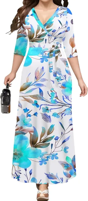 Summer Trendy Wrap Dresses for Women Sexy Bodycon 3/4 Sleeves Flowy A-Line Boho Beach Tie Dye Plus Size Maxi Dress with Belt