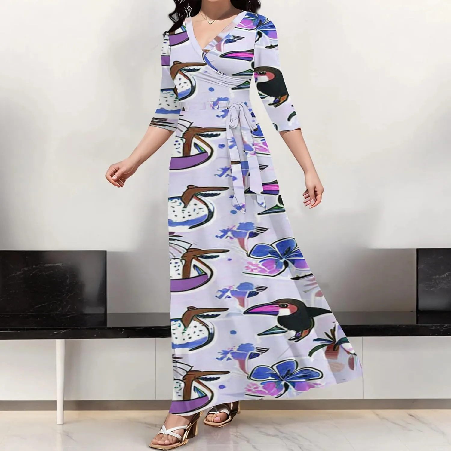 Summer Trendy Wrap Dresses for Women Sexy Bodycon 3/4 Sleeves Flowy A-Line Boho Beach Tie Dye Plus Size Maxi Dress with Belt