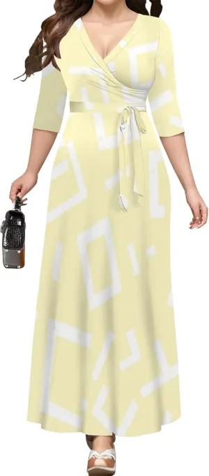Summer Trendy Wrap Dresses for Women Sexy Bodycon 3/4 Sleeves Flowy A-Line Boho Beach Tie Dye Plus Size Maxi Dress with Belt