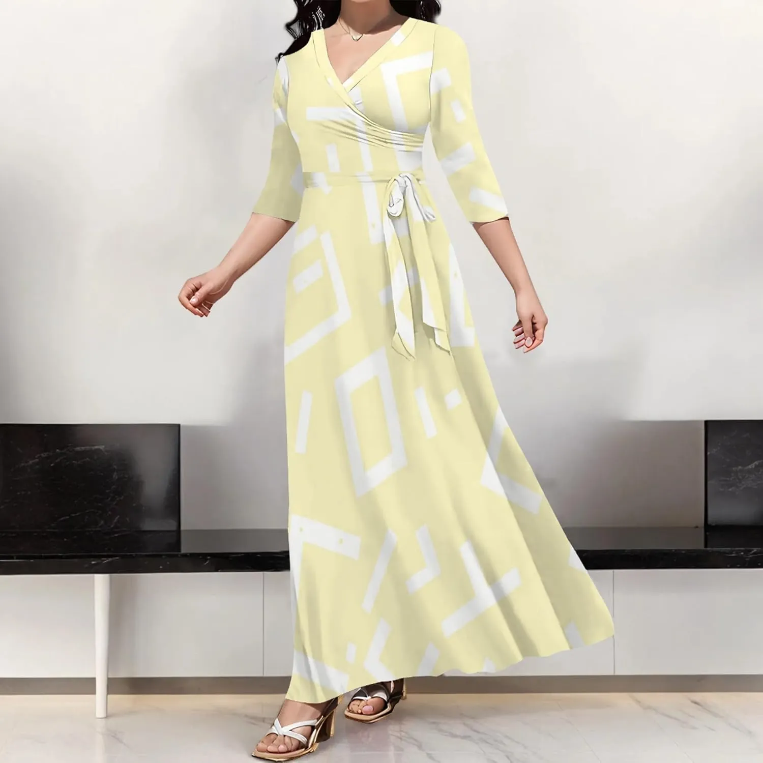 Summer Trendy Wrap Dresses for Women Sexy Bodycon 3/4 Sleeves Flowy A-Line Boho Beach Tie Dye Plus Size Maxi Dress with Belt