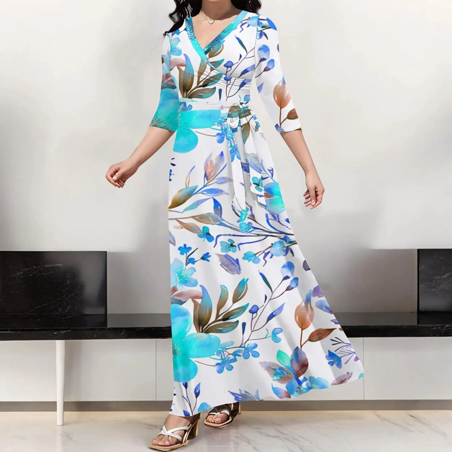 Summer Trendy Wrap Dresses for Women Sexy Bodycon 3/4 Sleeves Flowy A-Line Boho Beach Tie Dye Plus Size Maxi Dress with Belt