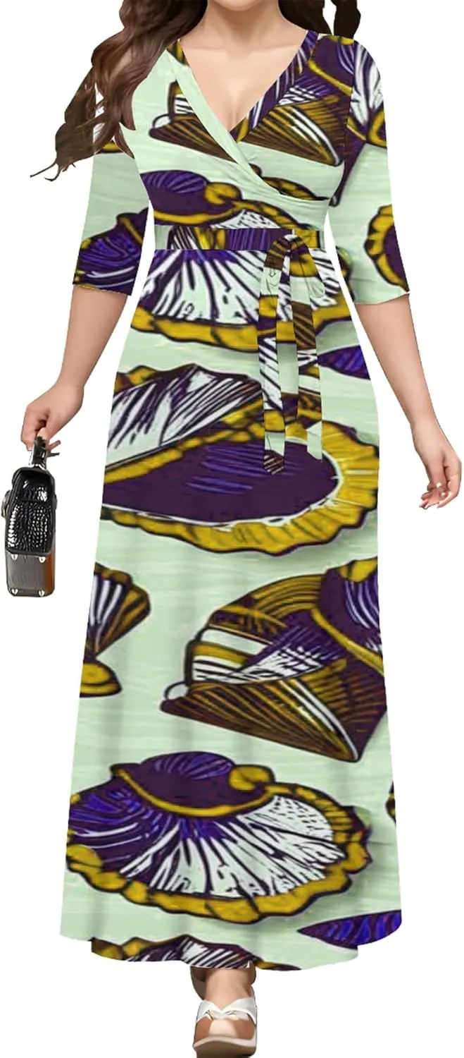 Summer Trendy Wrap Dresses for Women Sexy Bodycon 3/4 Sleeves Flowy A-Line Boho Beach Tie Dye Plus Size Maxi Dress with Belt