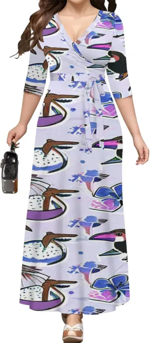 Summer Trendy Wrap Dresses for Women Sexy Bodycon 3/4 Sleeves Flowy A-Line Boho Beach Tie Dye Plus Size Maxi Dress with Belt